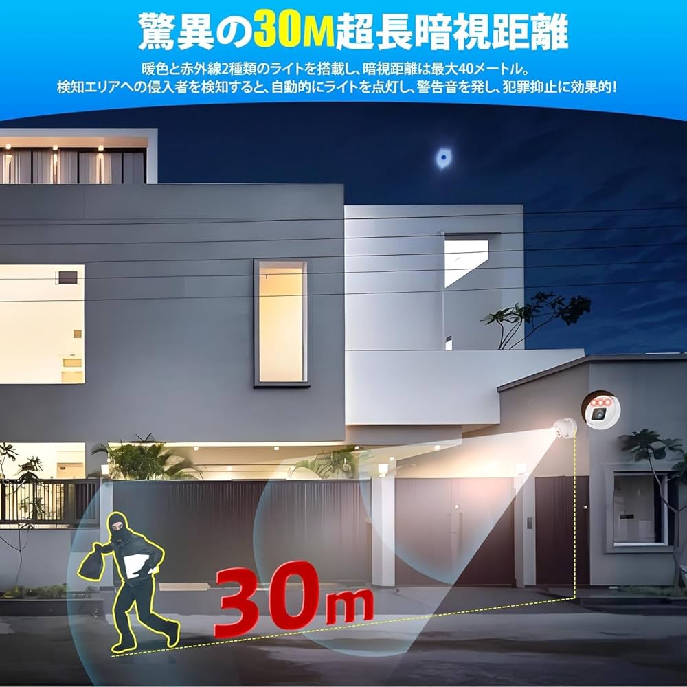 防犯カメラ 夜間カラー撮影搭載 360°広角撮影 AI動体検知 Jennov